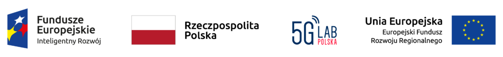 Logotypy instytucji finansujących i wspierających projekt. Od lewej: Fundusze Europejskie – Program Inteligentny Rozwój, flaga Rzeczypospolitej Polskiej, logo 5G Lab Polska oraz flaga Unii Europejskiej. Grafika informuje o współfinansowaniu projektu ze środków europejskich i krajowych oraz o udziale 5G Lab Polska.
