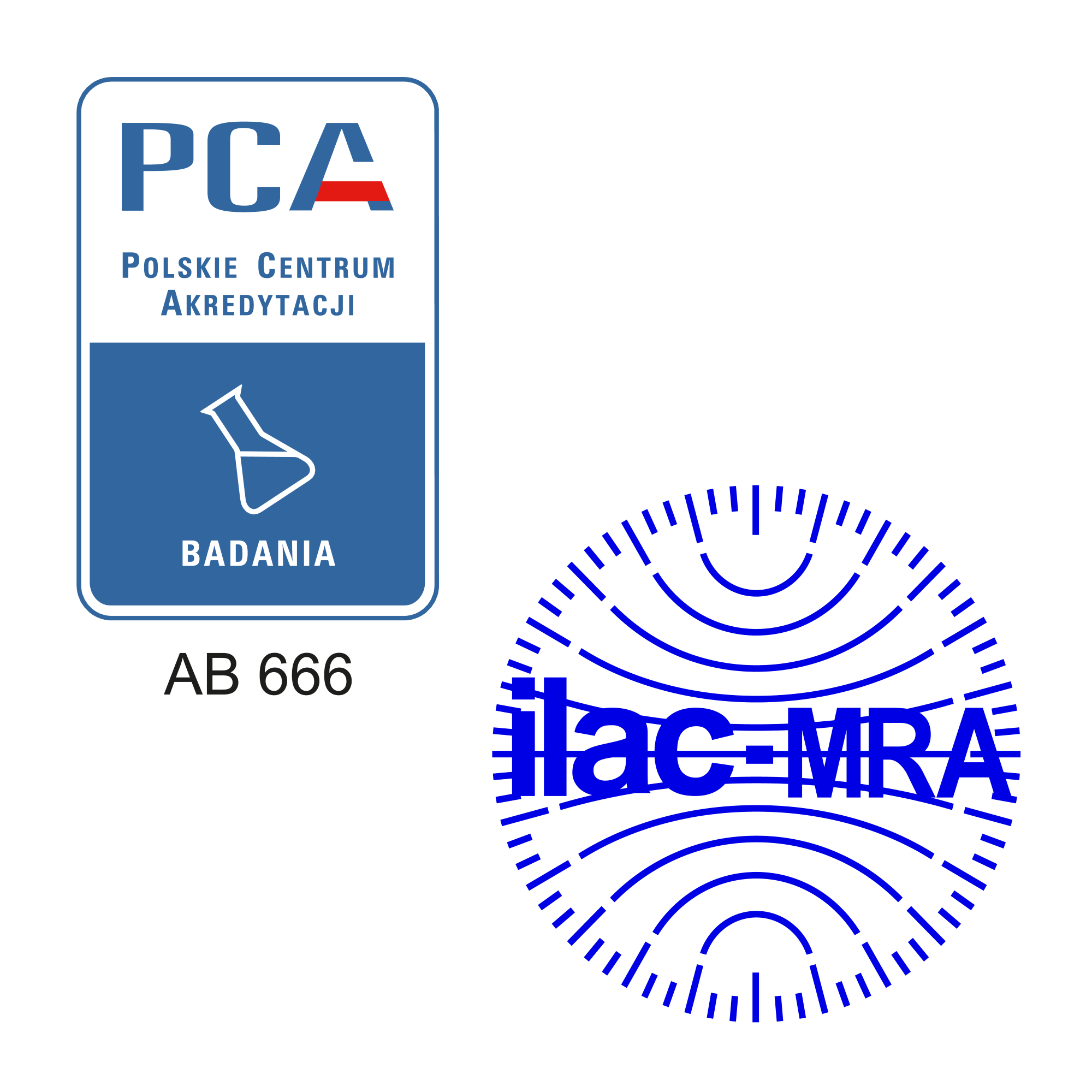 Znak akredytacji PCA AB 666 i znak programu ILAC MRA.